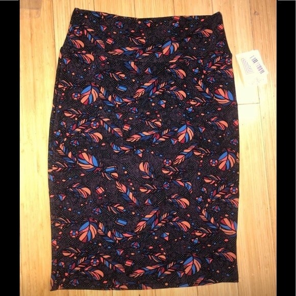 LuLaRoe Sz M Cassie Feather Pencil Skirt Med Medium Black Blue Orange Polka Dot - Picture 2 of 6